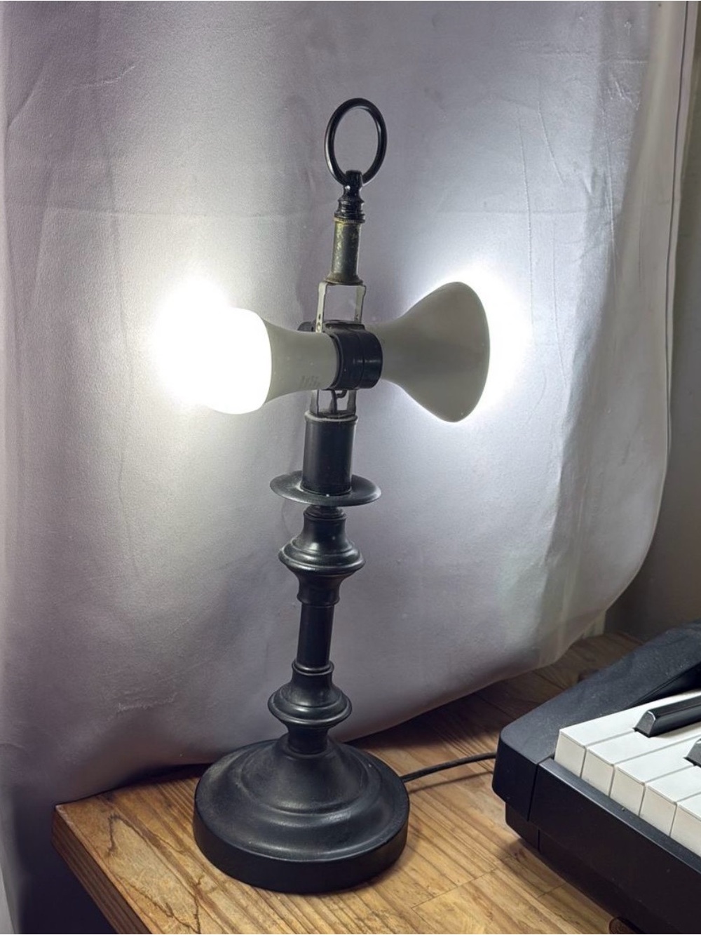 Steampunk MCM double bulb black metal table top lamp
